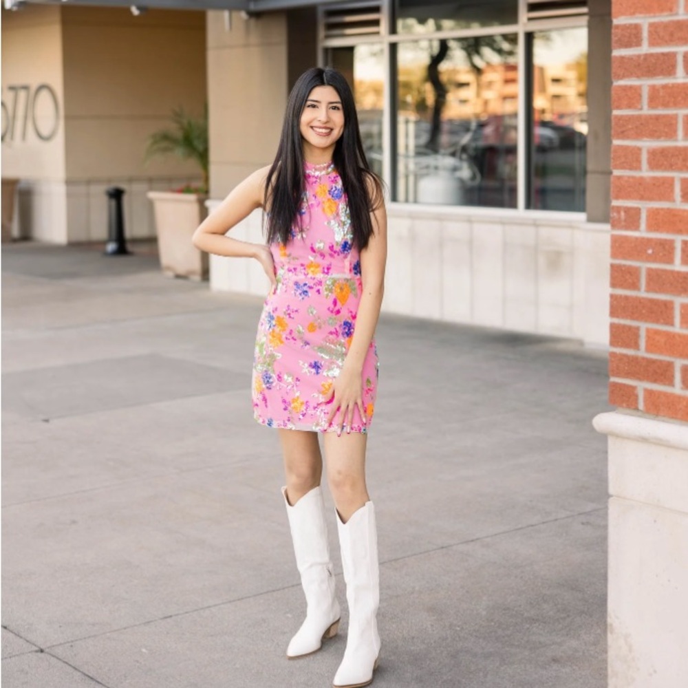 New Sequin Floral Pink Sleeveless Dress